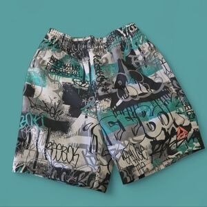 4/$15 Reebok Boys Graffiti Print Shorts - Black Gray Swim Lessons Summer Outfit